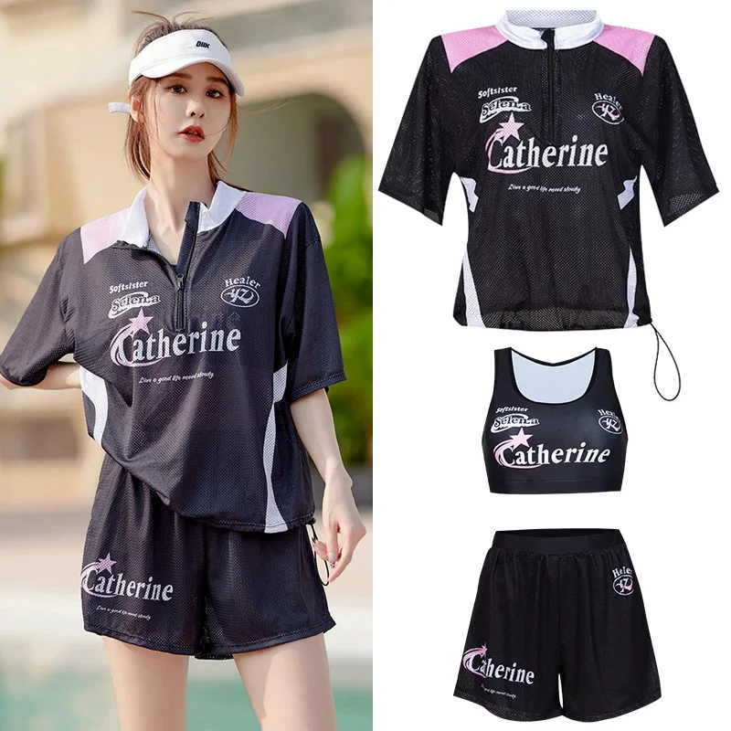 3pcs Women Short Sleeve Bathing Suit Shirt+Bra+Boyshorts Swimsuit Cover Ups Swimwear Beach Dress Rashguards Outfit Tracksuits