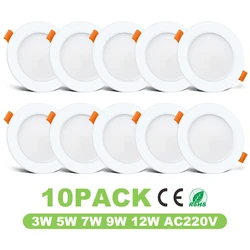 Lámpara de techo empotrada LED, foco de luz descendente de 10 piezas, 3W, 5W, 7W, 9W, 12W, CA de 220V, para cocina, dormitorio, sala de estar, iluminación del hogar