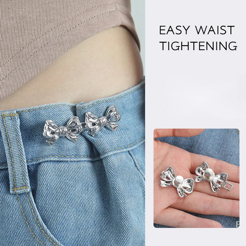 

[YU] Bowknot Waist Buckle Detachable Pant Clips Jeans Button Snap Adjustable No Sewing Waistband Tightener Clothing Accessories