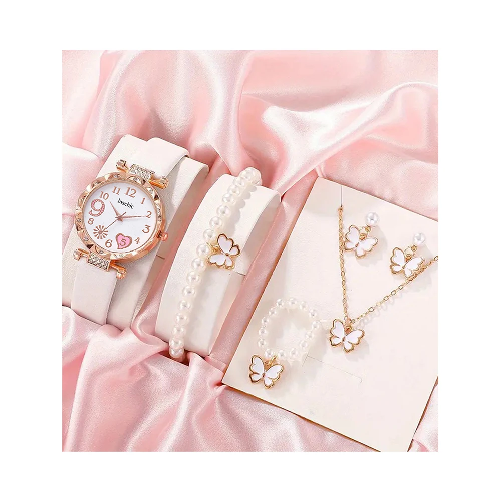Fashion Rhinestone Heart Butterfly White Leather Strap Women's Quartz Watch Six-Piece Set, Suitable for Christmas and Halloween