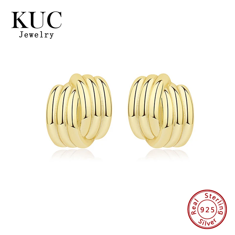 

925 Sterling Silver Needle Earrings European American Golden Semicircle Striped 18k Gold Plated Versatile Earrings for Girls