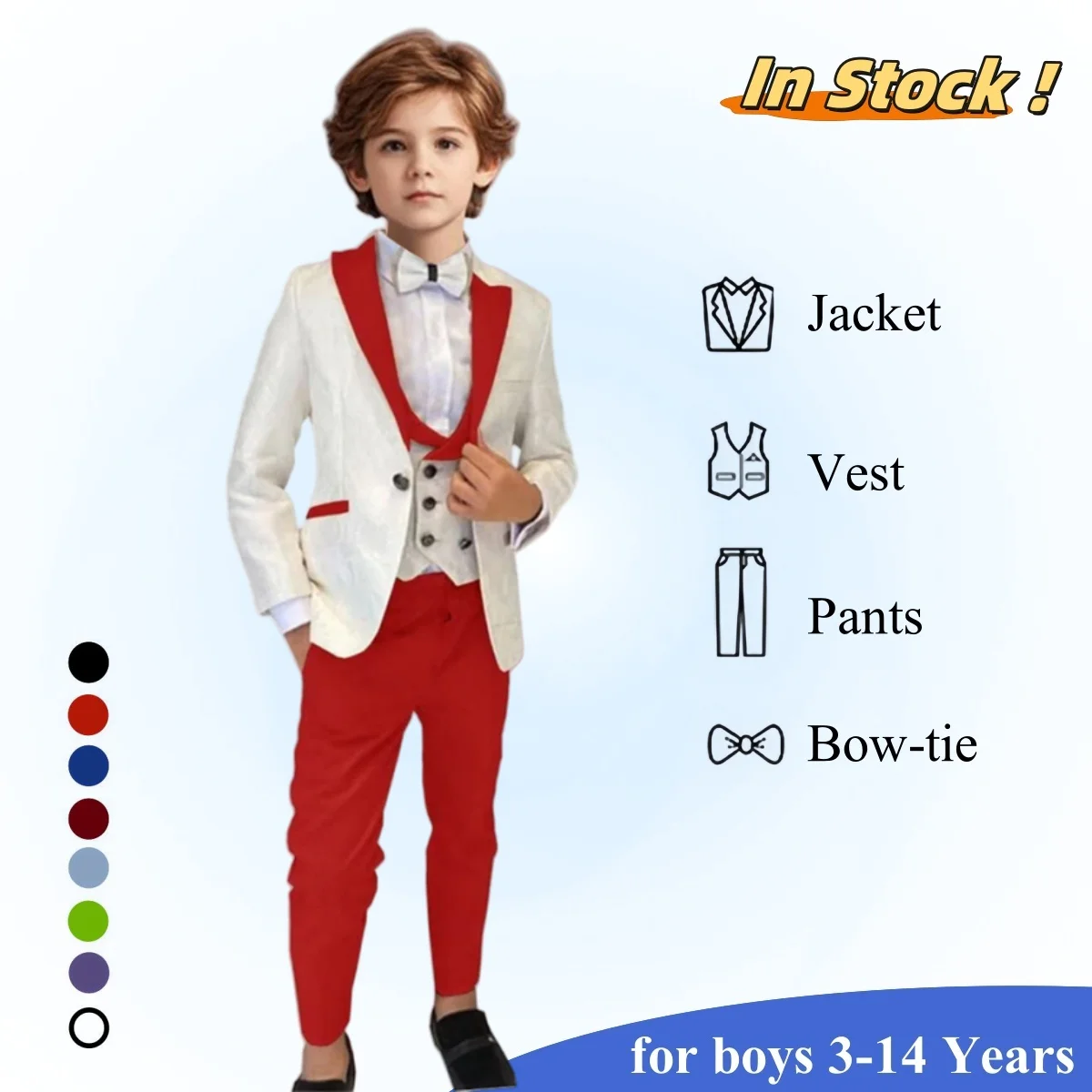 

Fast Delivery Kids Formal Suit Set Vest Bowtie Included - 3-14 Years Boys Graduation Tuxedo Pants Set - Jacquard Jacket Trousers
