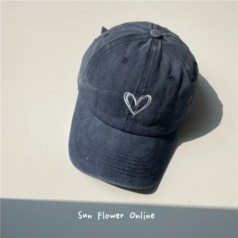 Gorra de béisbol lavada con bordado de corazón de melocotón para mujer, gorro suave para las cuatro estaciones