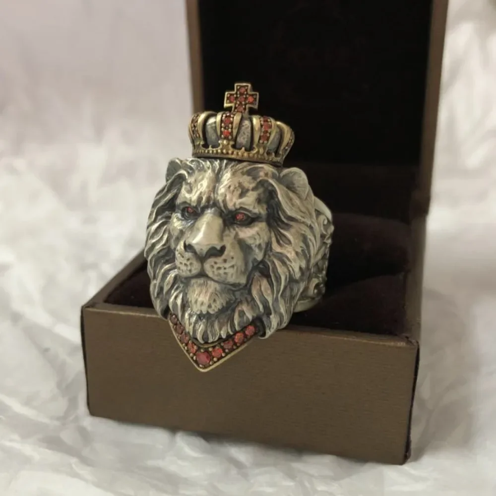 Vintage Crown Lion Rings for Men Inlay Shiny Zircon Cross Stainless Steel Jewelry Hiphop Punk Style Accessories Creative Gifts