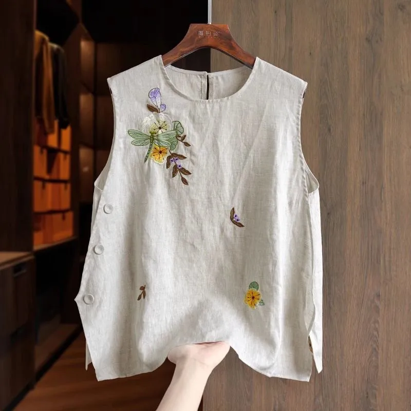 Women's Summer New Cotton Linen Vest with Heavy Embroidery Button Design, Sleeveless Top Bestseller