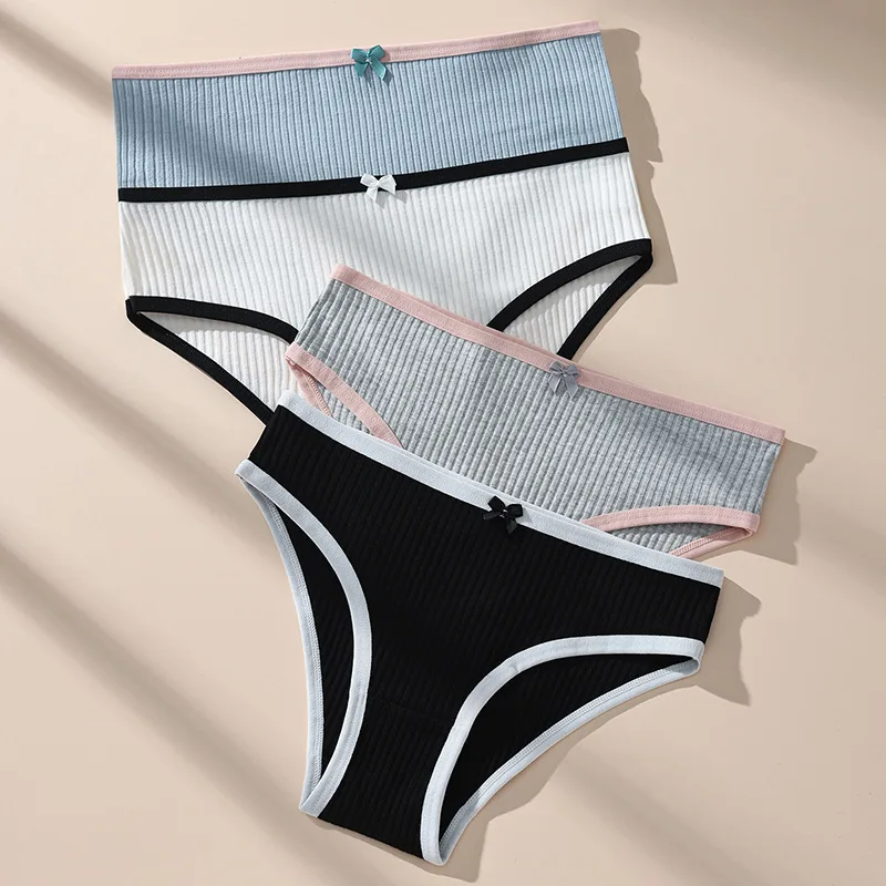 Women Cotton Panties Sexy Soft Striped Underpants Solid Color Bow Girls Briefs Female Comfortable Breathable Stretch Lingerie