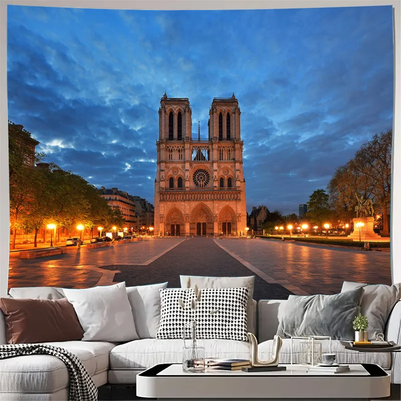Romantic Paris Notre Dame Cathedral Wall Tapestry Canvas Art Decor Print Blue Hour French Cityscape Home Living Room Decoration
