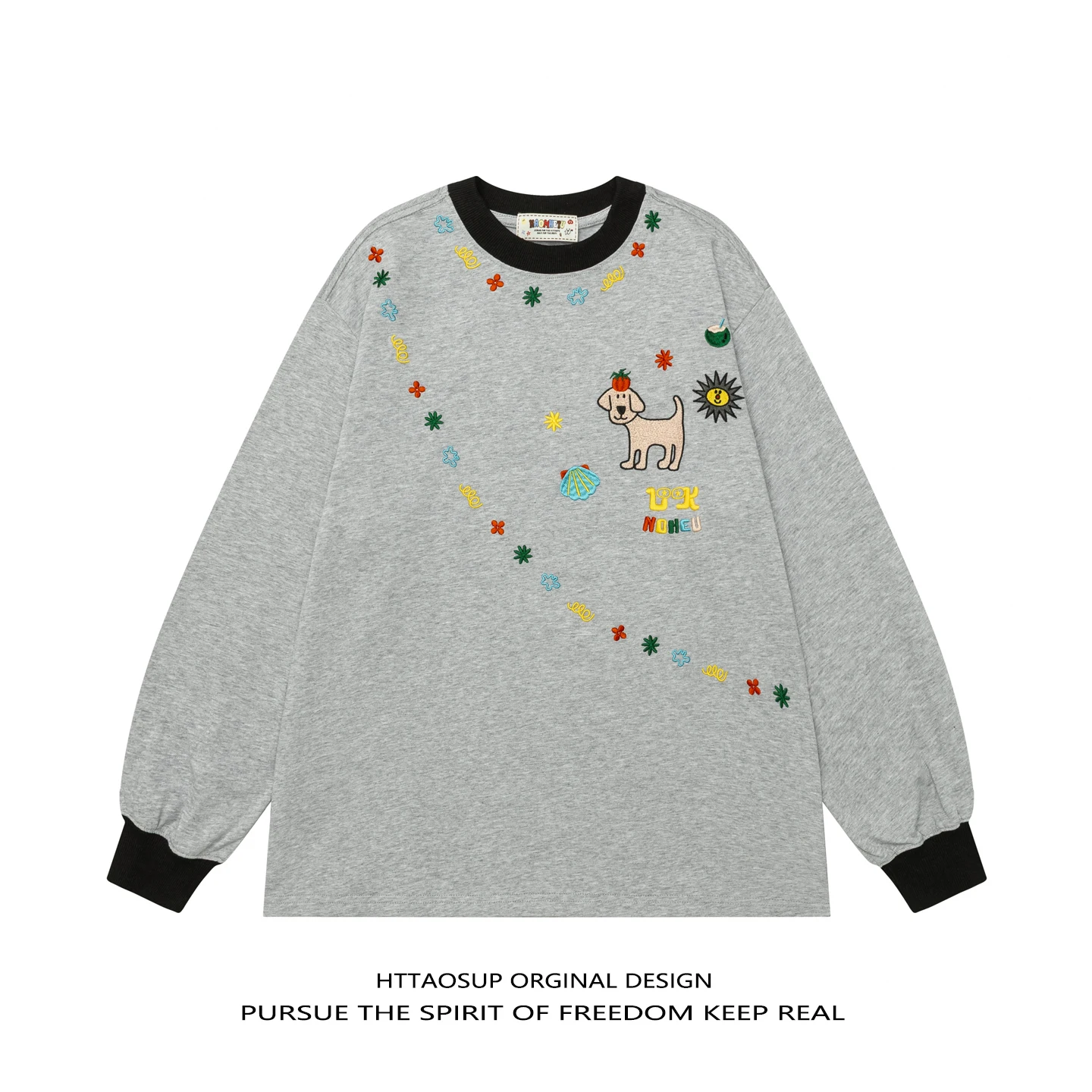 HTTAOSUP American Retro Embroidered Color Block round Neck Sweatshirt Loose Casual Long Sleeve Men's T-shirt Comfortable All-...