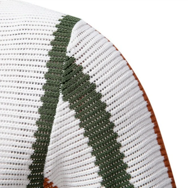 Men's Summer New Breathable Hollow Out Short Sleeve Polo Shirt Fashion Business Striped Knitted Polo Tops Soft Lightweight