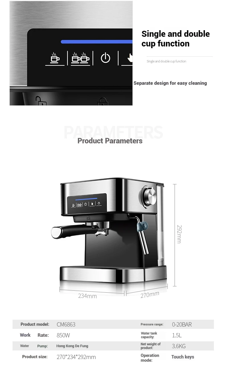 Small Home Office Italian Espresso Semi-Automatic Coffee Machine with Integrated Milk Frother Electric Power Source