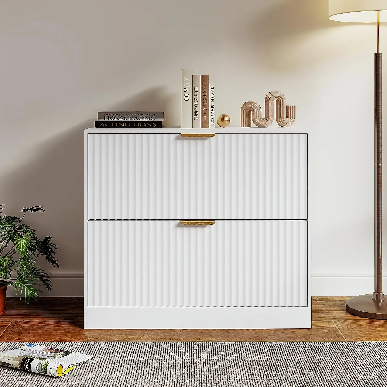 White 2-Drawer File Cabinet Wavy Ribbed Panel Gold Handles Storage Home Office Living Room Study, Customized