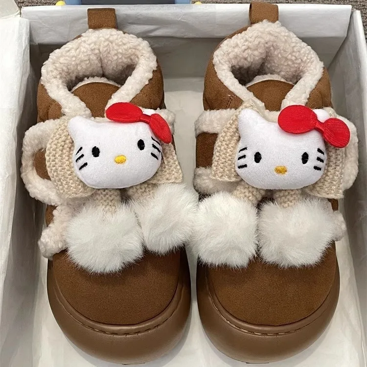 Sanrio Hello Kitty Women Cotton Shoes Cute Lolita Female Student Winter Velvet Thickened Warm and Sweet Bow Platform Snow Boots