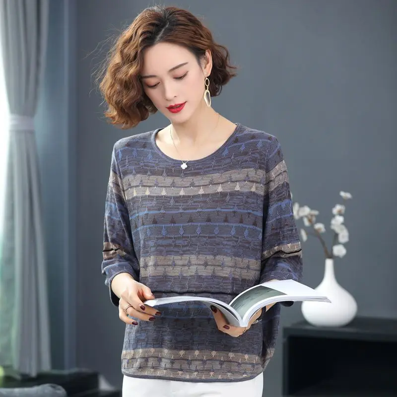 Women Clothing Fashion Patchwork Thin Knit T-shirt Spring Summer Casual Loose O-neck Short Sleeve Pullovers Office Lady Chic Top