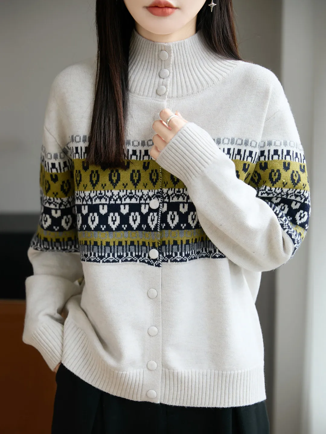 

Slimming Knitted Sweater Women's Loose Fit Stand Collar Cardigan Autumn Winter Faion Casual Soft Warm Thiened Top