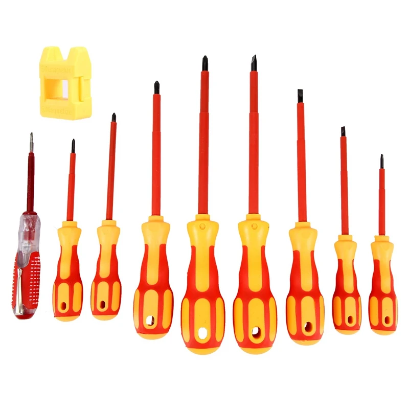 

9 Piece 1000V Insulated Electrician Screwdrivers Set With Magnetic Tips And 1 Test Pen Electrical Screwdriver Set