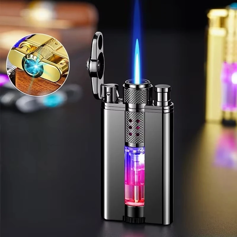 2026 New Personalized Creative Diamond Direct Charge Windproof Blue Flame Inflatable Lighter Visual Gas LED Light Gift Tool