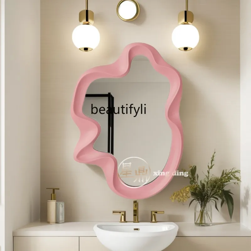 French irregular bathroom mirror wall hanging high value special-shaped art decorative mirror bedroom LED smart makeup mirror