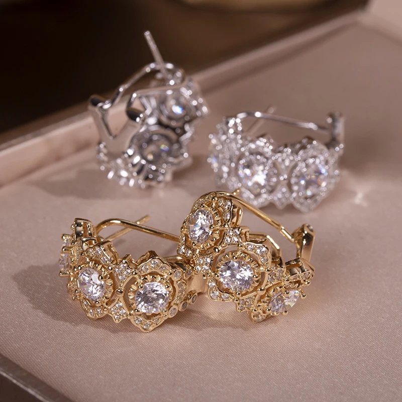 Bellux Vintage Hollow Multi-Layer Flower Clip Earrings Silver Gold Plated Inlaid Shiny Round Zircon Earrings Ladies Jewelry