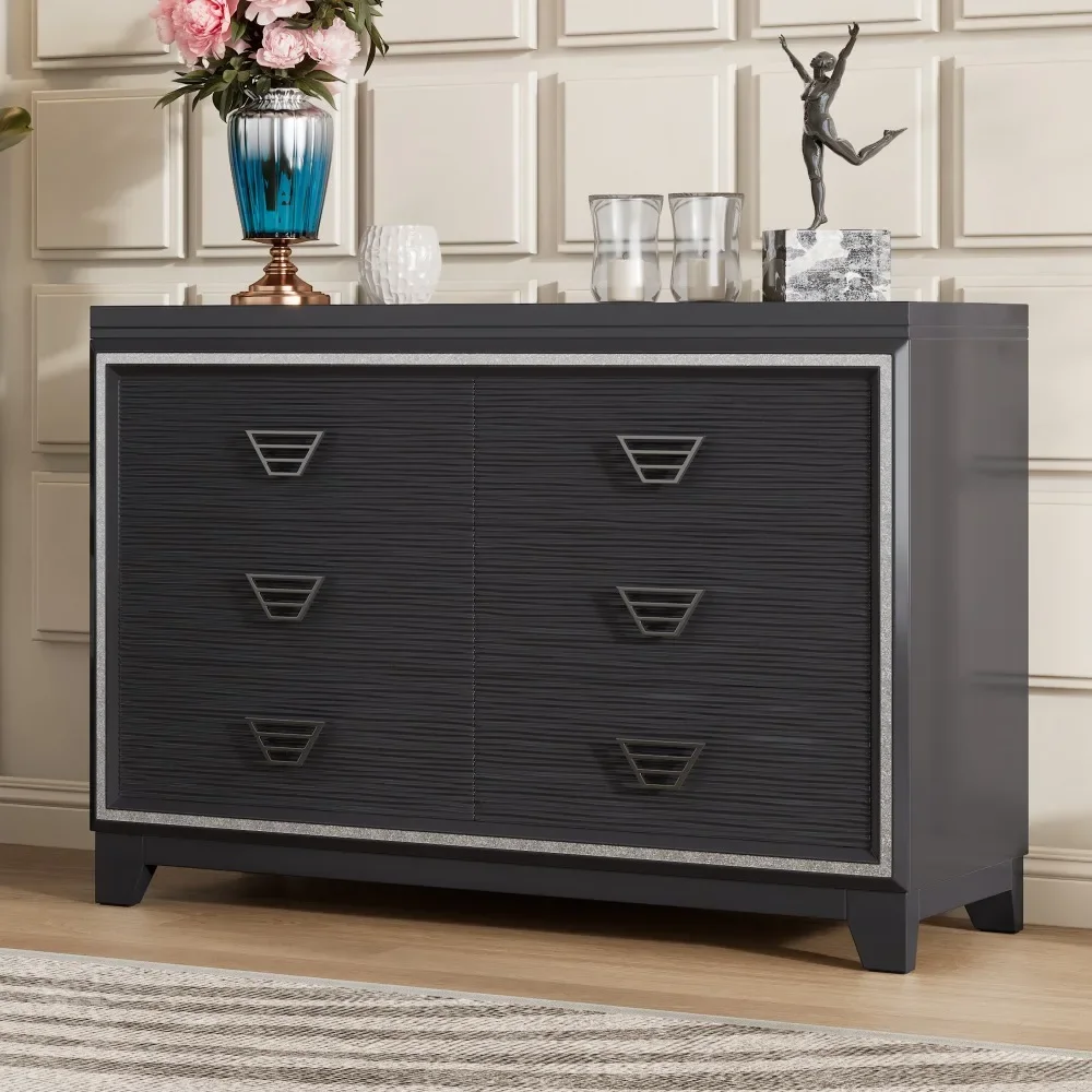 Elegant Dresser with Metal Handle and Sparkling Shiny Decoration, Storage Cabinet with 6 Drawers for Bedroom, Living Room