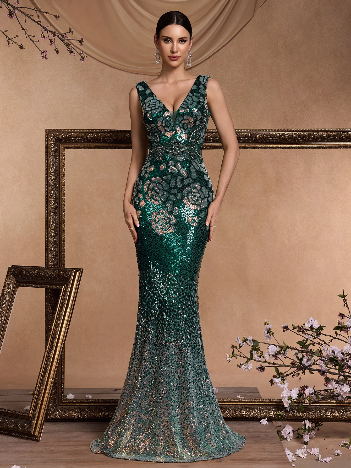 

XUIBOL Elegant V-Neck Green Sequins Evening Dresses Long New Luxury Women Formal Mermaid Wedding Party Prom Cocktail Gowns