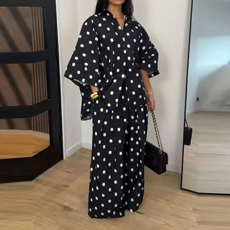 B 2026 Neues Damen-Set mit Polka-Dot-Muster, 2-teilig, Oversize-Kurzarmhemd und Weite-Hosen, Lässiger Loser Anzug – Detail 16
