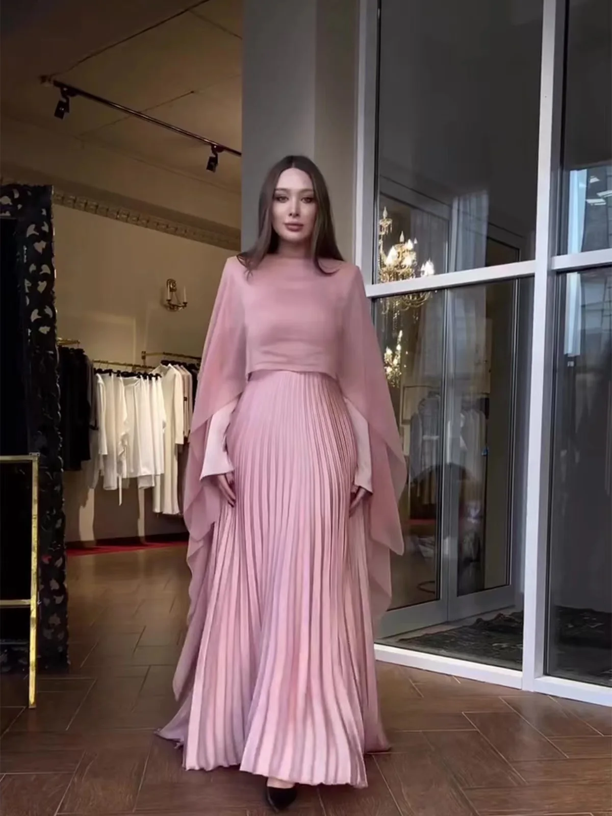 Ele Pink مطوي طويل Sve Dr الخصر Cinched ألف خط صورة ظلية للتنقل ودية جولة Ne ثوب الخصر العالي