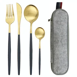 5pcs/set Dinnerware Set Black Gold Travel Camping Cutlery Set Reusable Silverware with Metal Knife Spoon Fork and Portable Case