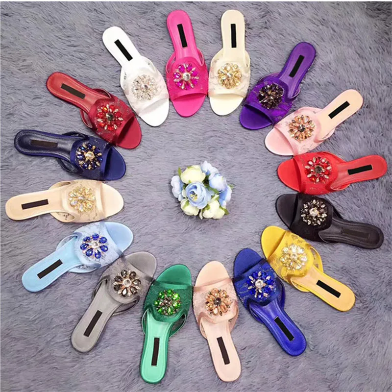 Luxury Glitter Crystal Women Flat Shoes Open Toe Lace Floral Gem Flip Flop Flats Red Pink Blue Leisure Slide Shoes for Ladies