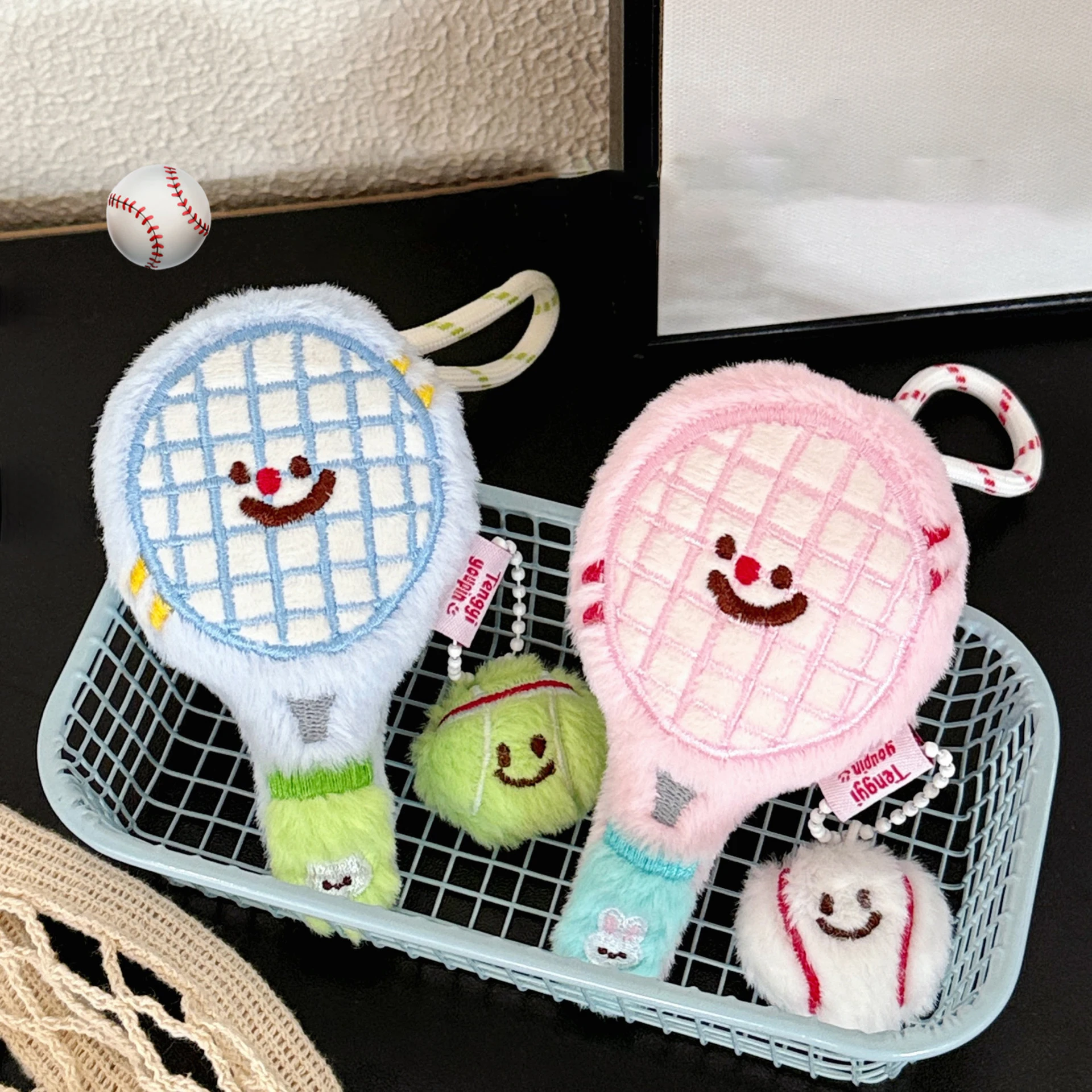 Cute plush tennis racket doll pendant for girls' handbag keychain decoration for couples or best friends gift