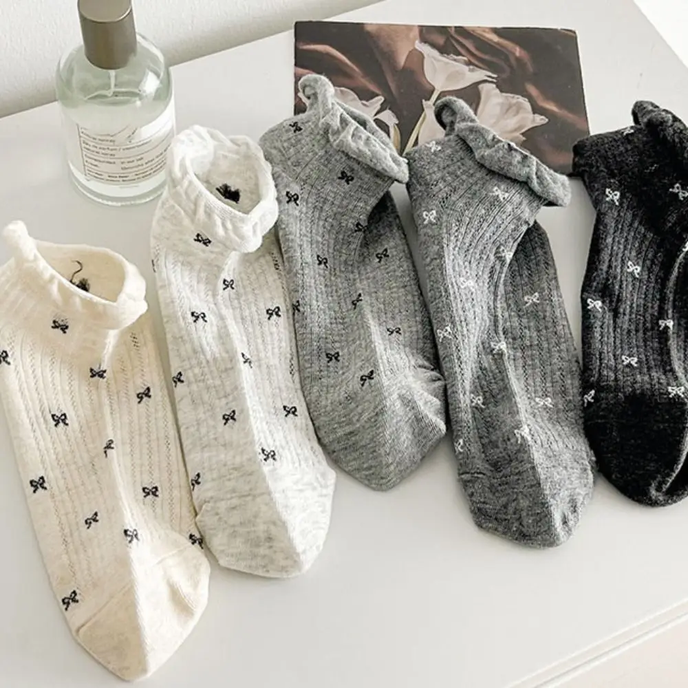 

5Pairs Cute Mesh Bow Short Socks Ruffle Ballet Style Sweet Ankle Socks Breathable Female Hosiery Tube Socks Women Girl