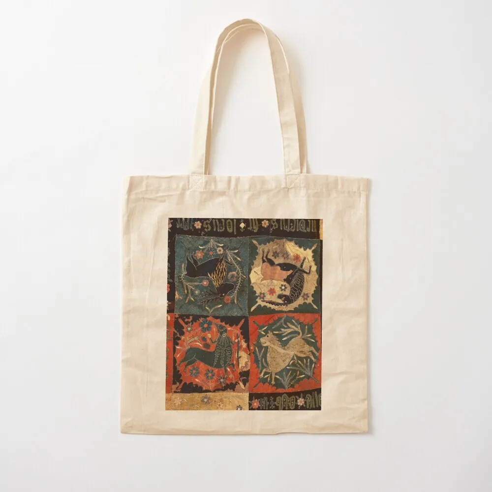 MEDIEVAL BESTIARY, DEER, UNICORN,CENTAUR AND LION Red Blue Antique Scandinavian Embroidery Tote Bag canvas bags Canvas Tote Bag