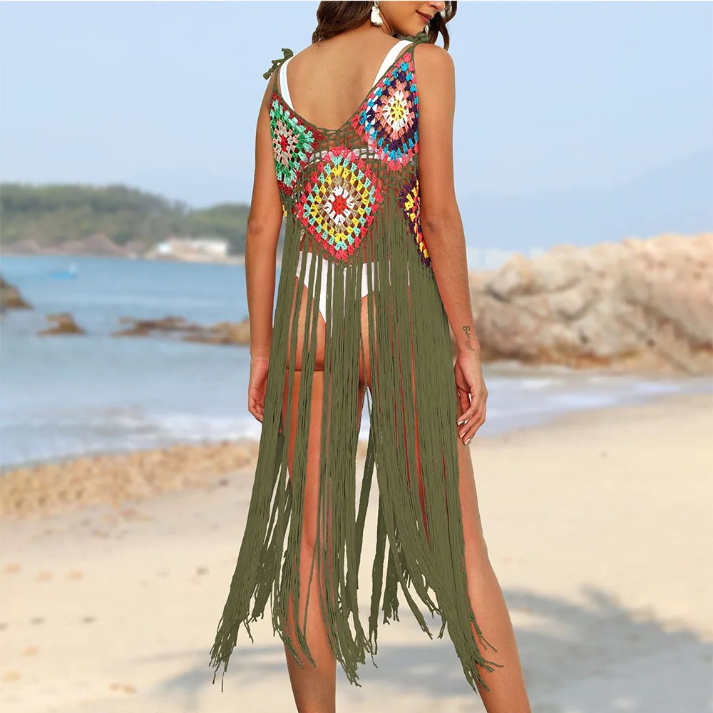 Vestido de capa oca com estampa étnica feminina, decote em v, pulôver oco, borla, respirável, praia, biquíni, encobrir, tendência, moda