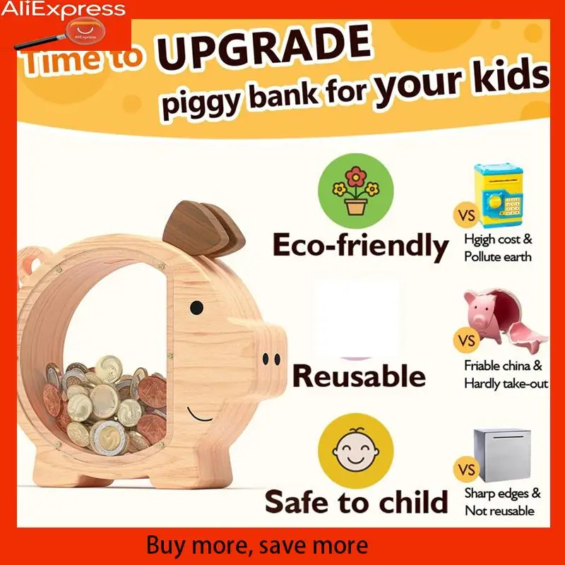 

A67Z Деревянная копилка для детей, большая копилка для мальчиков и девочек, милая небьющаяся деревянная копилка, экономия денег