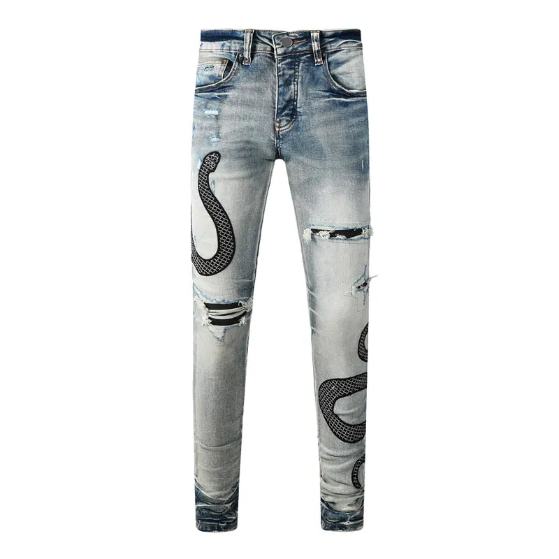Y2K Fashion New Men's Jeans Serpentine Embroidered Perforated Patch Jeans High Street Hip Hop Brand Light Blue Pants Hombre