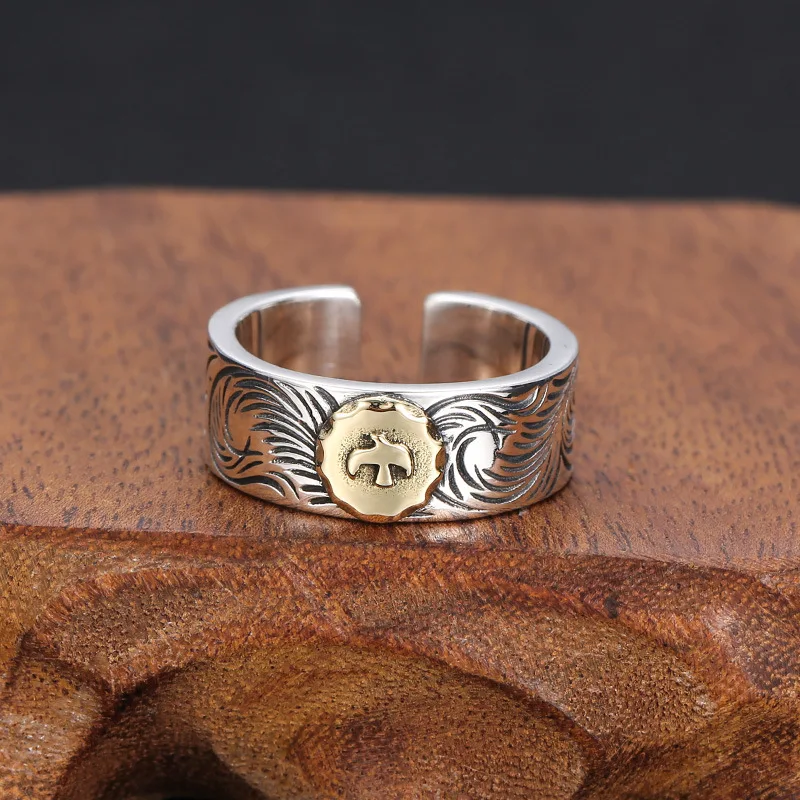WholeSale S925 Sterling Silver jewelry thai Silver faShion men'S perSonalized tangca pattern ring Small eagle open ring