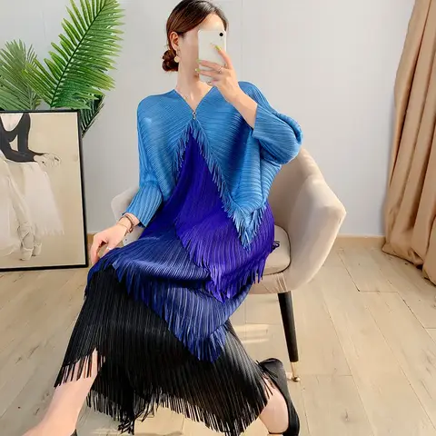 Miyake 여성 플리츠 프린지 원피스, 브이넥 배트 소매, 피쉬테일, 루즈핏 원스텝 스커트, 2023 가을 신상