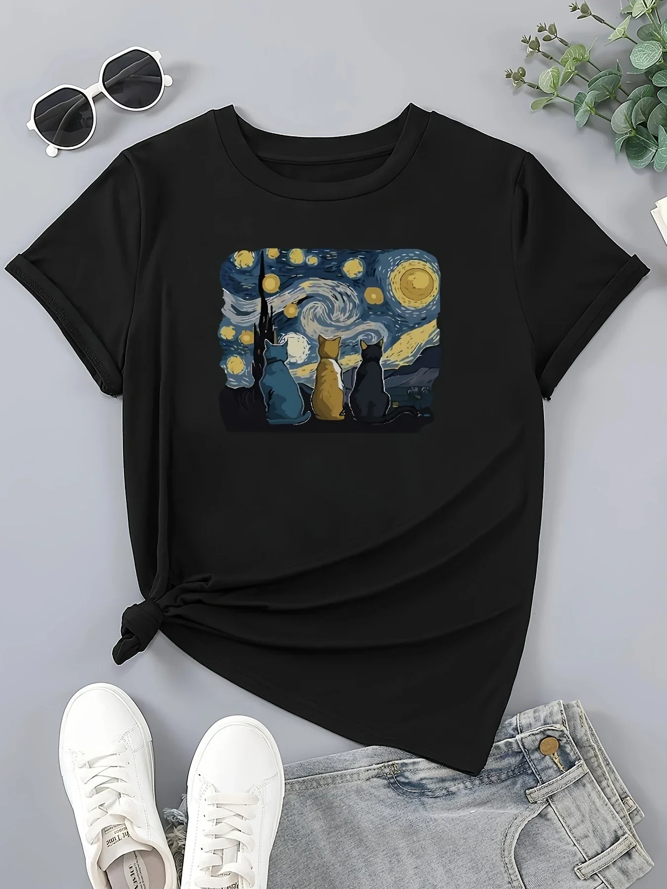 

Футболка с круглым вырезом и принтом кошки, повседневный топ с коротким рукавом для весны и лета, женская одежда