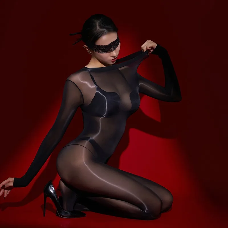 

2024 Womens Oil Shiny Bodysuit See-Through Silk Bodystocking Female Lingerie Sexy Costume Lenceria Femenina Glossy Body Jumpsuit