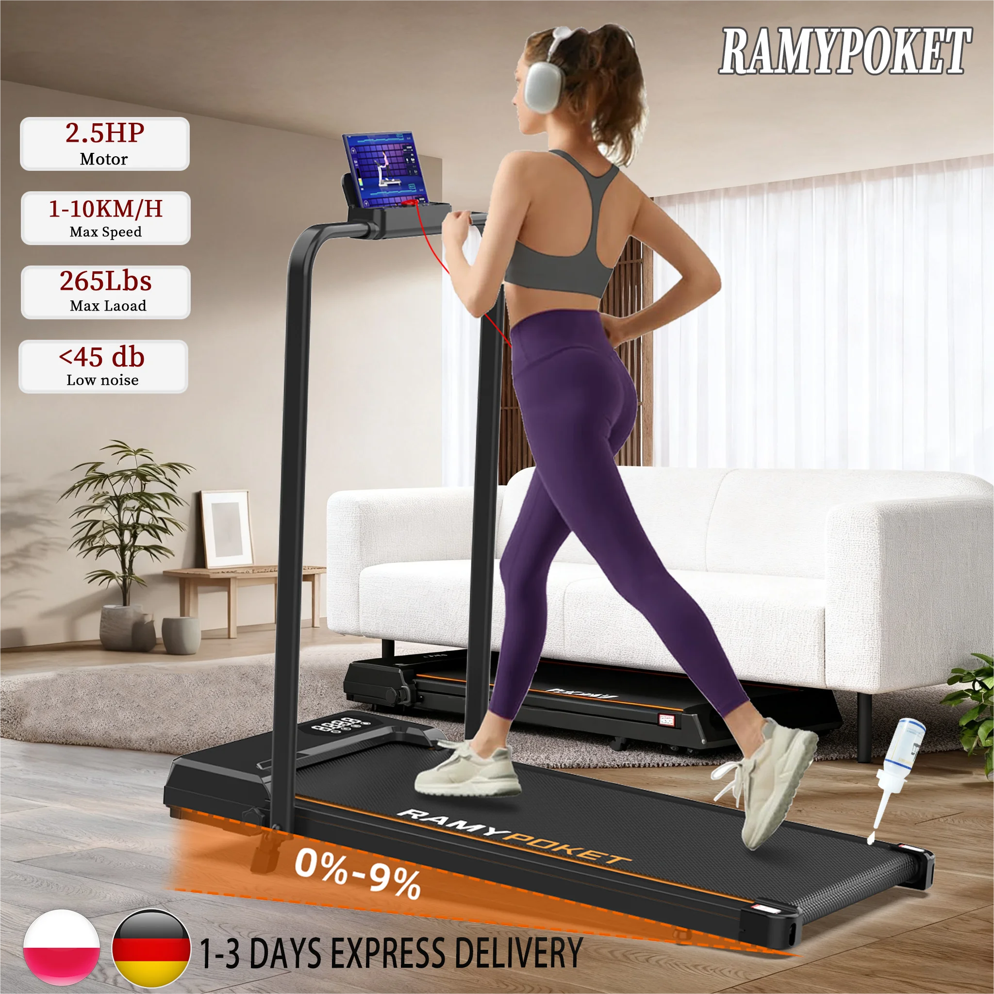 RAMYPOKET مشاية قابلة للطي آلة الجري السرعة القصوى 1-10 كم/ساعة وسادة المشي 265Ibs آلة المشي لممارسة المنزل 9% المنحدر