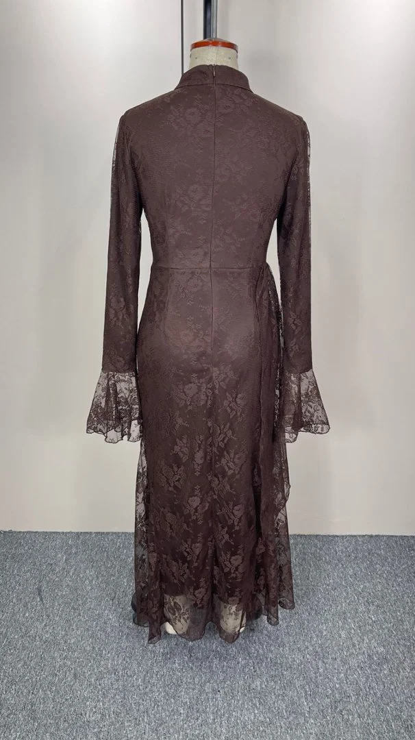 Women Lace Fitted Dresses Solid Evening Dress H Line Ankle Lenth Bell Sleeve Waist Cinch Slim Fit Party Sexy Elegant 2026 Summer