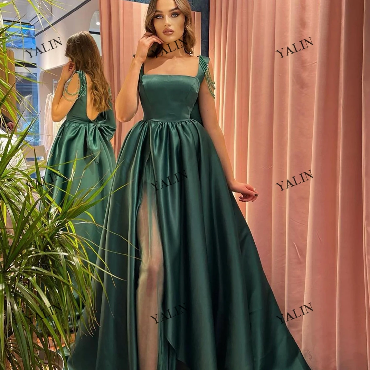 

YALIN Emerald Satin A-Line Celebrity Dresses IIlusion Slit Square Collar Prom With Bow Brush Train Red Carpet Gowns