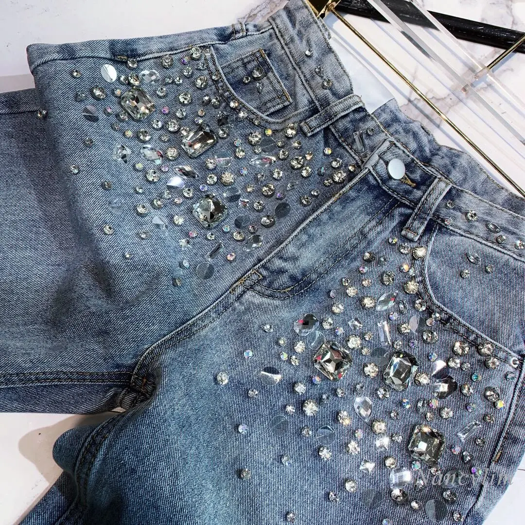 European Fashion New Heavy Industry Full Diamond Rhinestone Flash Denim Pants Women\'s Jeans Blue 2023 Spring Summer