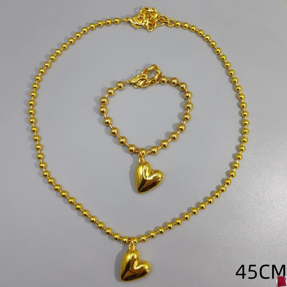 2026 Spain Sweet and Spicy Girl Wind Gold Silver Heart shaped Round Bead Bracelet Necklace Jewelry Set Birthday Gift