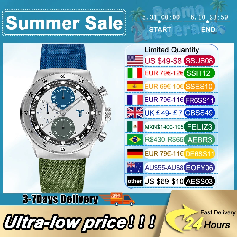 

2026 New Men's Watch TYBERLEY Two-color nylon Quartz Watch Men Sport Dual time zones Japan Movt AR Sapphire glass Wristwatch Men
