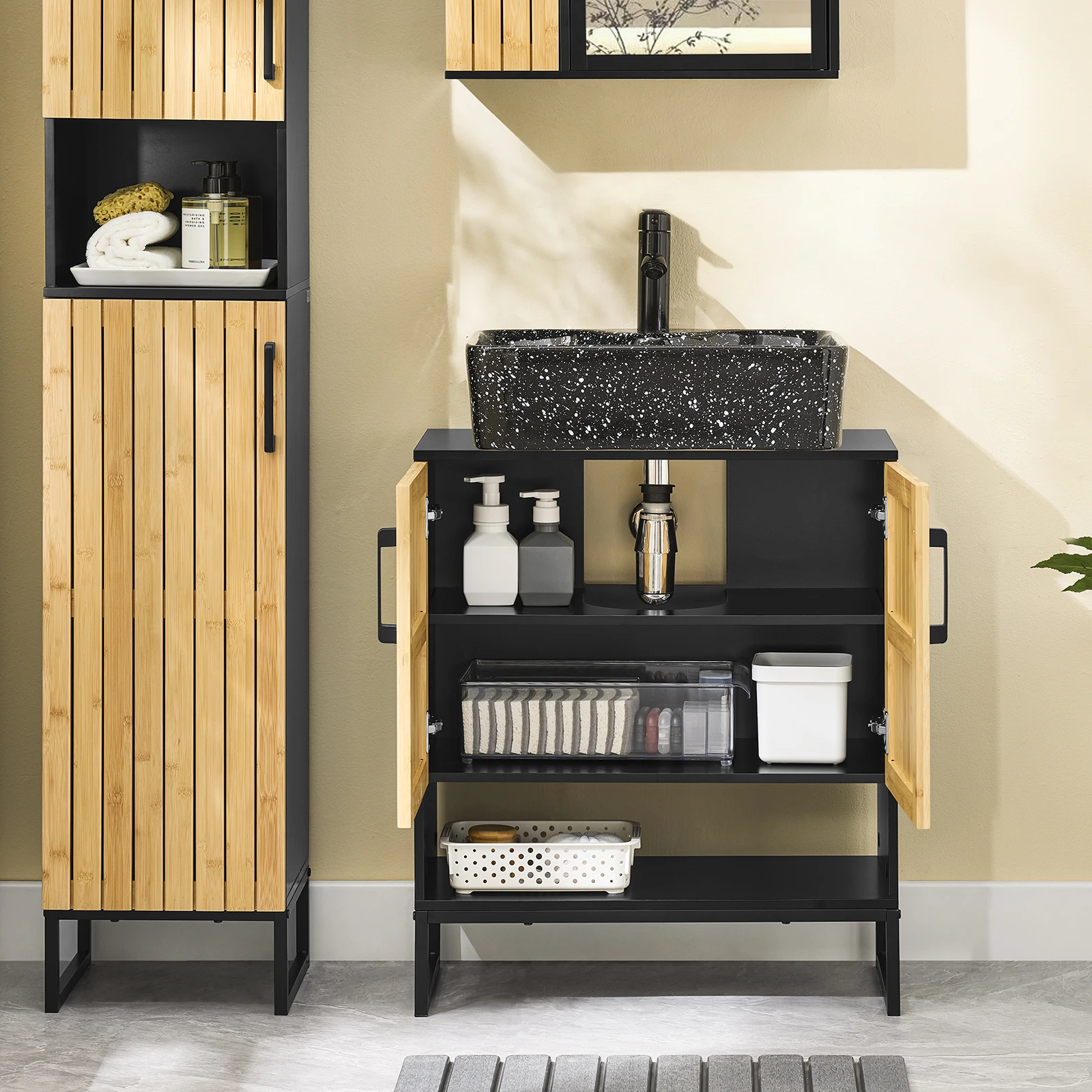 SoBuy BZR202-SCH Waschbeckenunterschrank 60 cm breit mit Bambus Tür & Metallfüßen höhenverstellbare für kleine Bäder Gäste WC – Detail 2