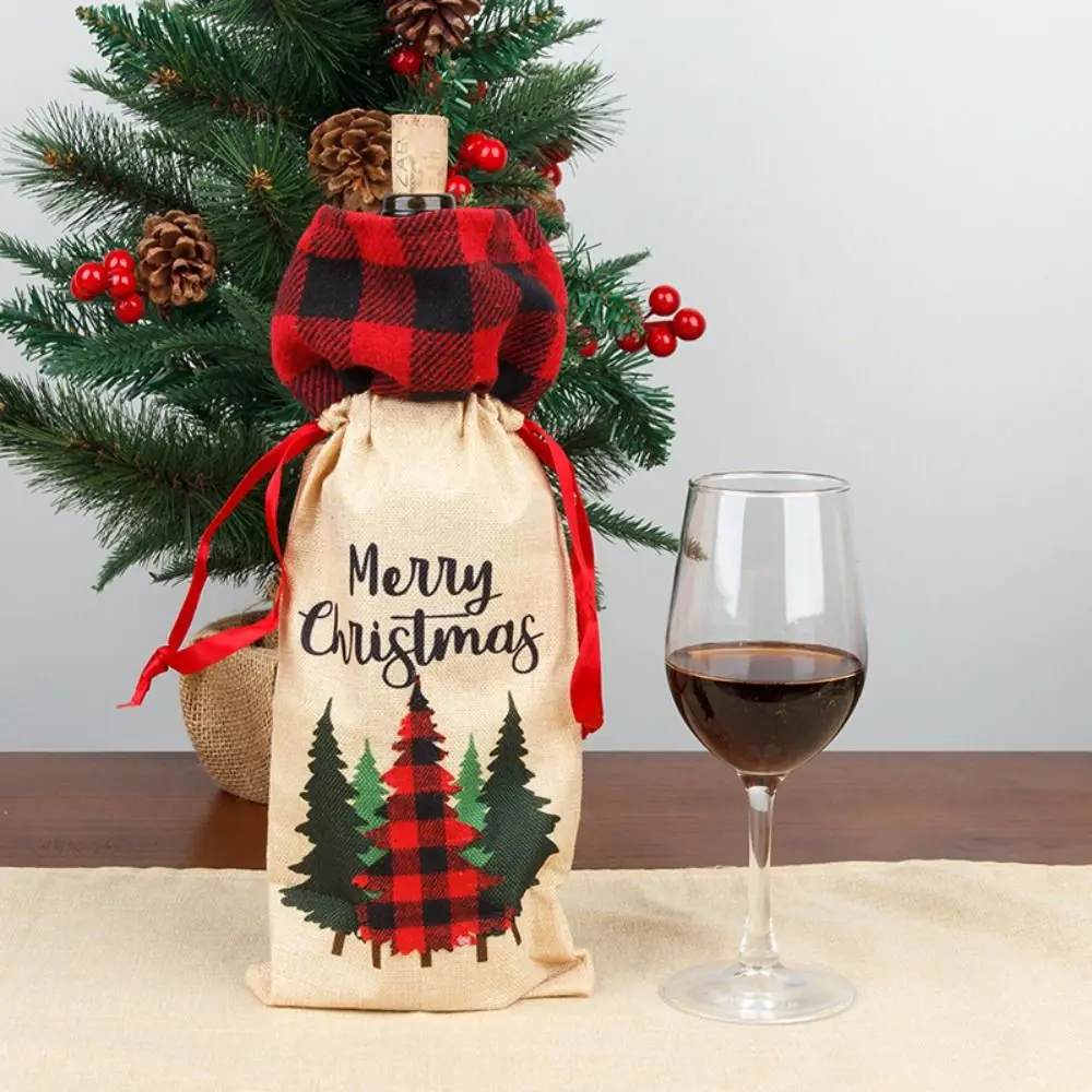 Christmas Bottle Bag Drawstring Wine Bottle Set Letter Tree Wine Bottle Bag Cartoon Reusable Christmas Bottle Cover Family