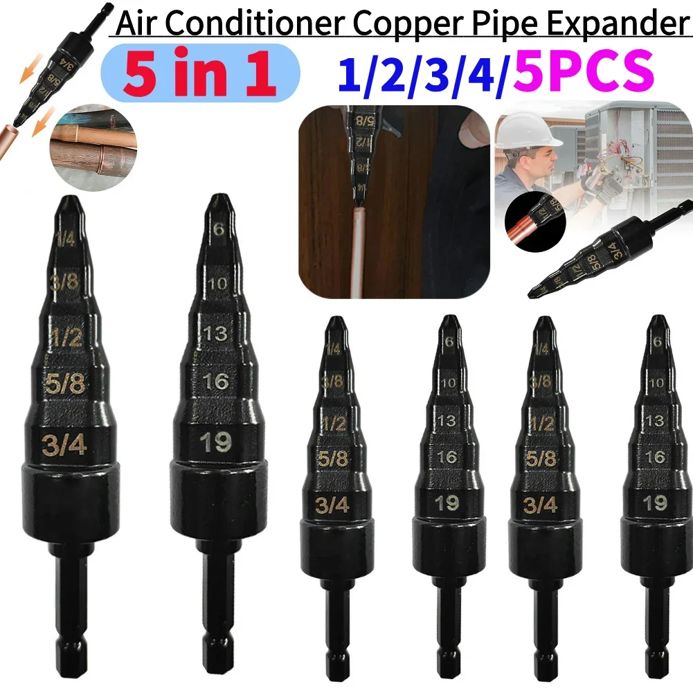 

1-5Pc Tube Expander 5In1 Air Conditioner Copper Pipe Expander Copper Pipe Swaging Tool Hex Shank Electric Drill Bit Flaring Tool