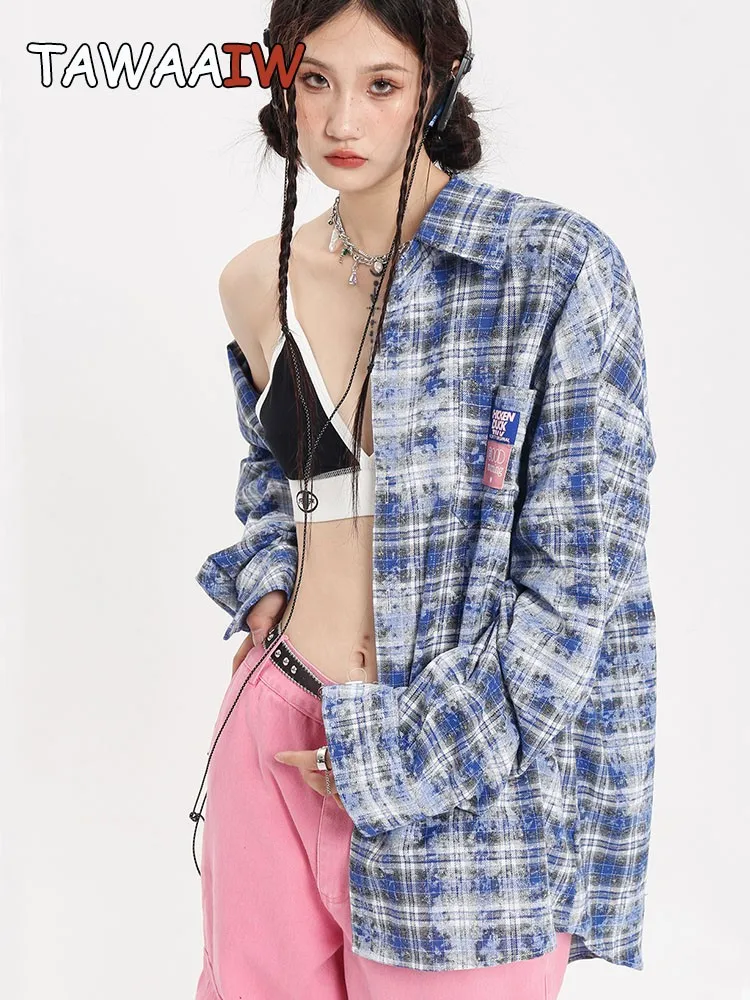 Tawaaiw American Retro Blue Plaid Shirt Women Long Sleeve Loose Turn-down Collar Autumn Spring Button Up Female Blouse Tops Chic