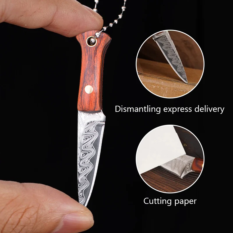 Mini Damascus Laser Pattern Knife Key Chains Pendant Small Blade Straight Knife With Leather Case Portable EDC Knife Tools