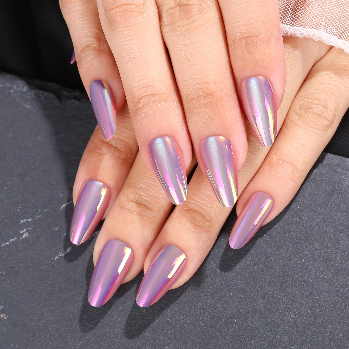 Elektroplaterowane, błyszczące sztuczne paznokcie kocie oko Aurora Purple Mirror Powder Ethereal Violet Glow Nails